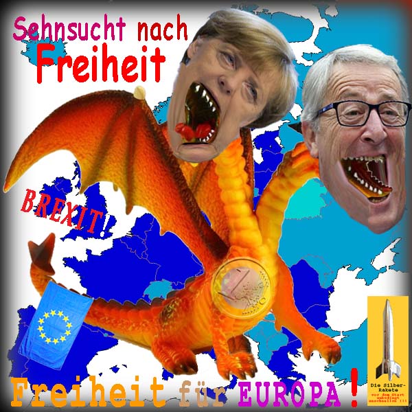 SilberRakete Artikel-FNeuland-Sehnsucht-nach-Freiheit-fuer-Europa-Drache-EU-Euro-2Koepfe-Merkel-Juncker