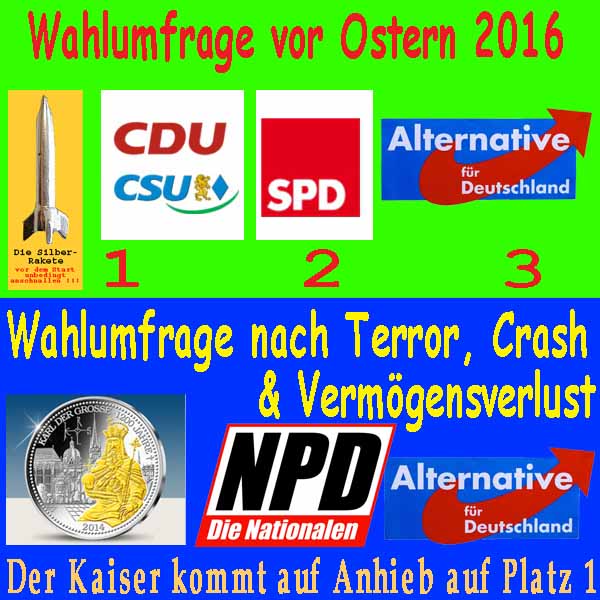SilberRakete Wahlumfrage-Ostern2016-CDUCSU-SPD-AfD-Nach-Crash-Kaiser-NPD-AfD