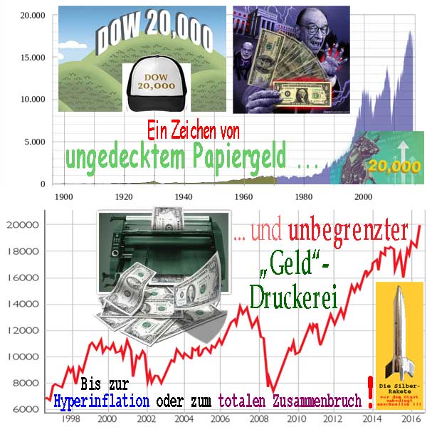 SilberRakete DOW20000 Zeichen ungedecktes Papiergeld unbegrenzte Gelddruckerei Hyperinflation Crash