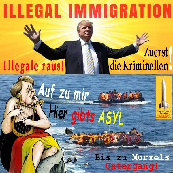 SilberRakete DTrump Illegale Migranten raus Zuerst die Kriminellen Merkel Harfe Hier gibts Asyl Untergang