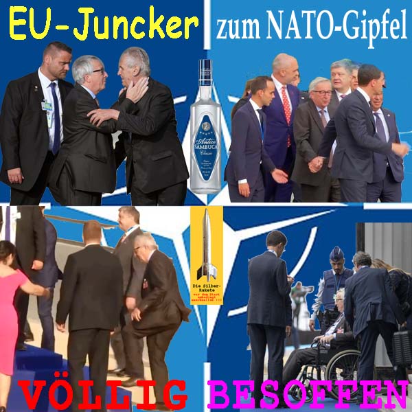 SilberRakete EU Juncker zur NATO Tagung voellig besoffen torkelt Rollstuhl Schnapsflasche