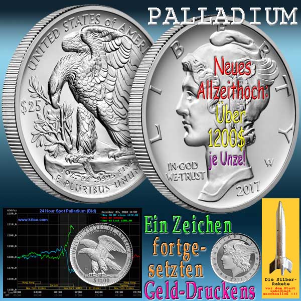 SilberRakete PALLADIUM Neues Allzeithoch Ueber 1200Dollar Unze Muenzen Eagle Liberty Gelddrucken